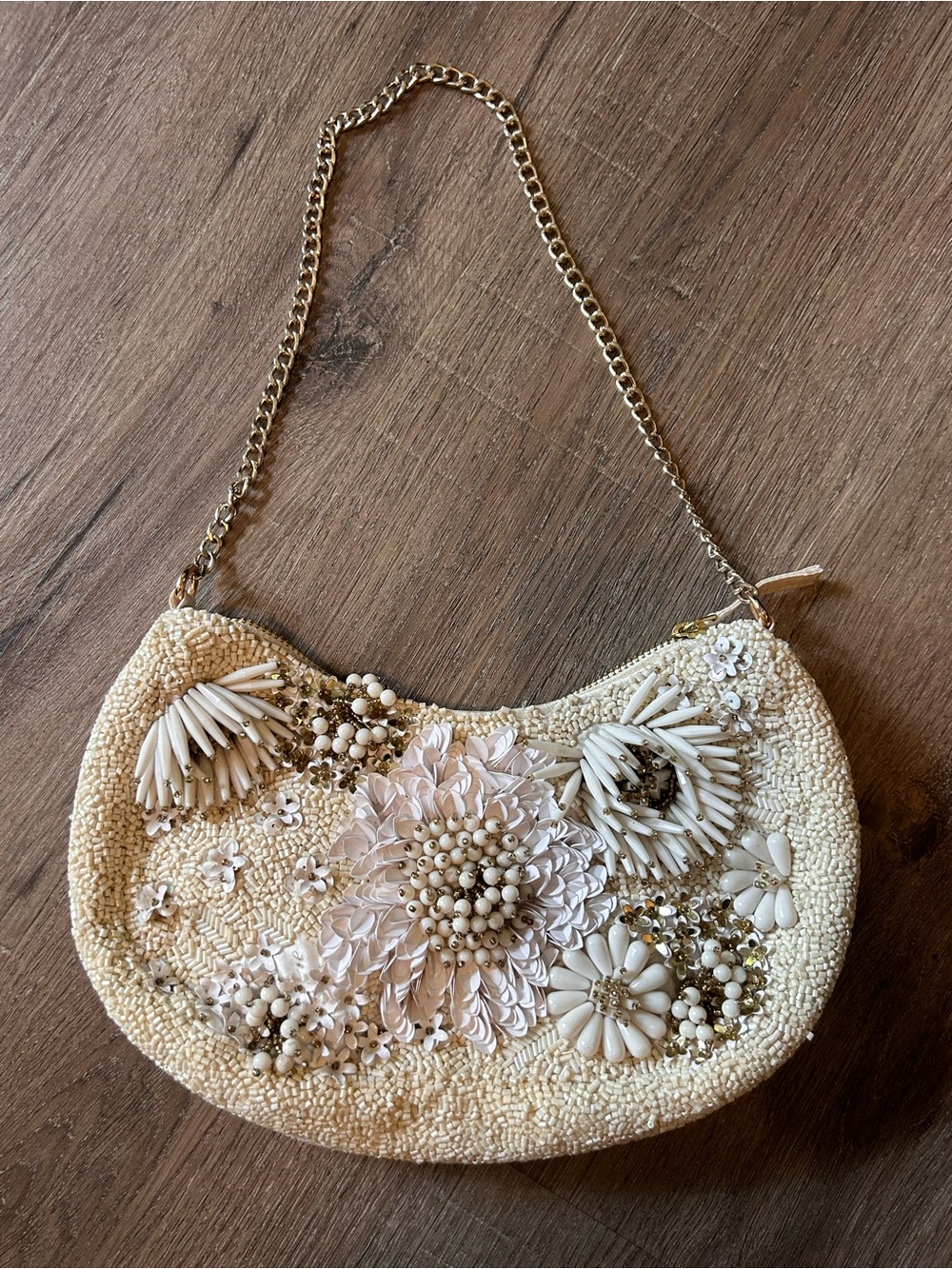 Vintage Ivory Beaded Floral Sequin Evening Bag Purse Gold Chain Strap Zip Top